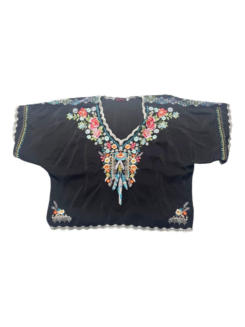 Johnny Was Womens Small  Black Silk Tunic Top Multicolor Floral Embroidery Boho